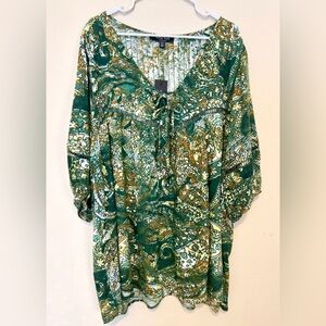 Arna York Collection Boho Green 3/4 Sleeve Tie Front Blouse
